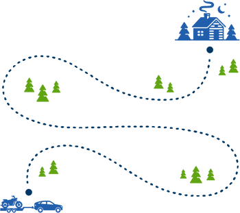 Map illustration with a home and auto towing a motorcycle